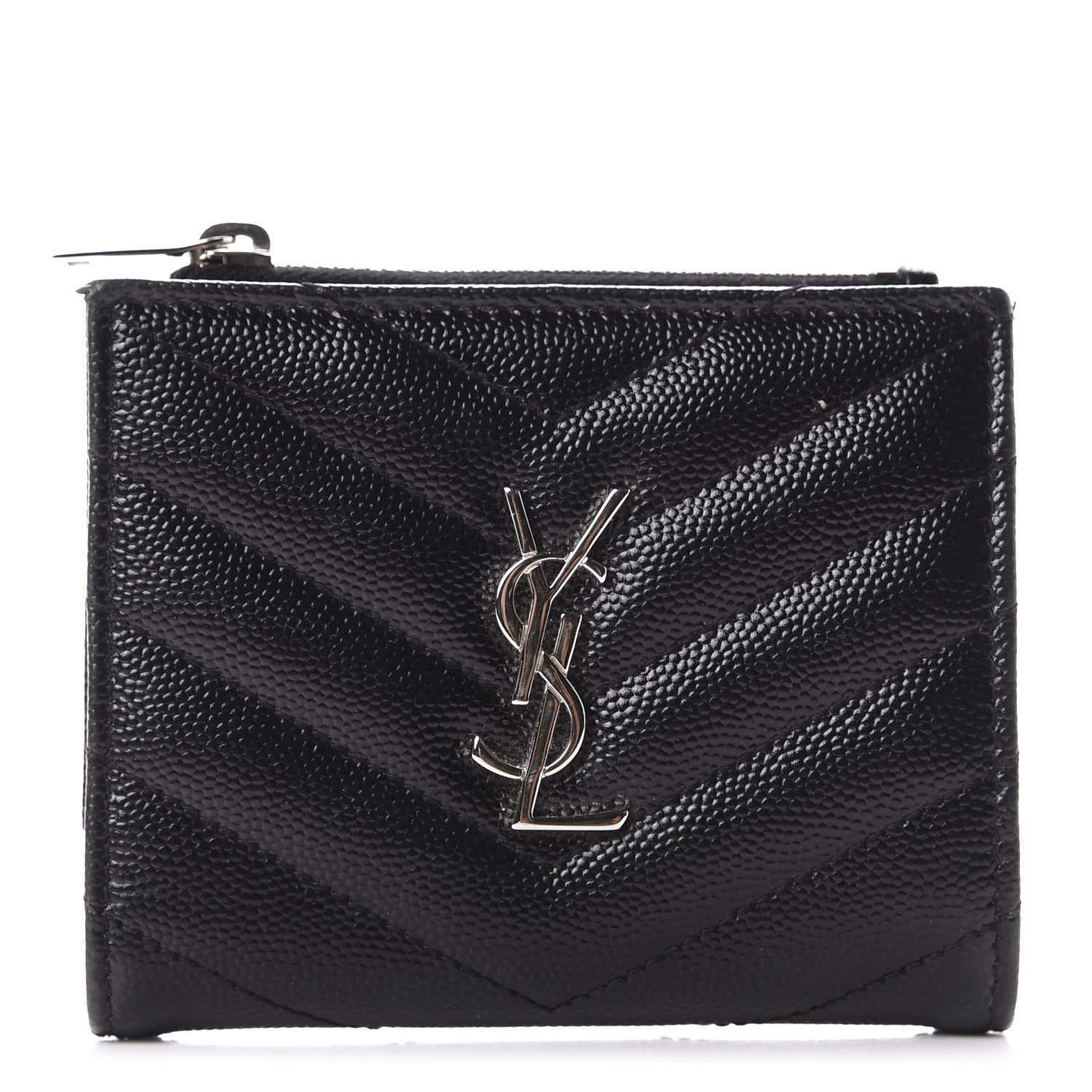 Saint Laurent Grain De Poudre Matelasse Chevron Monogram Zipped Card Case Black 1 of 8