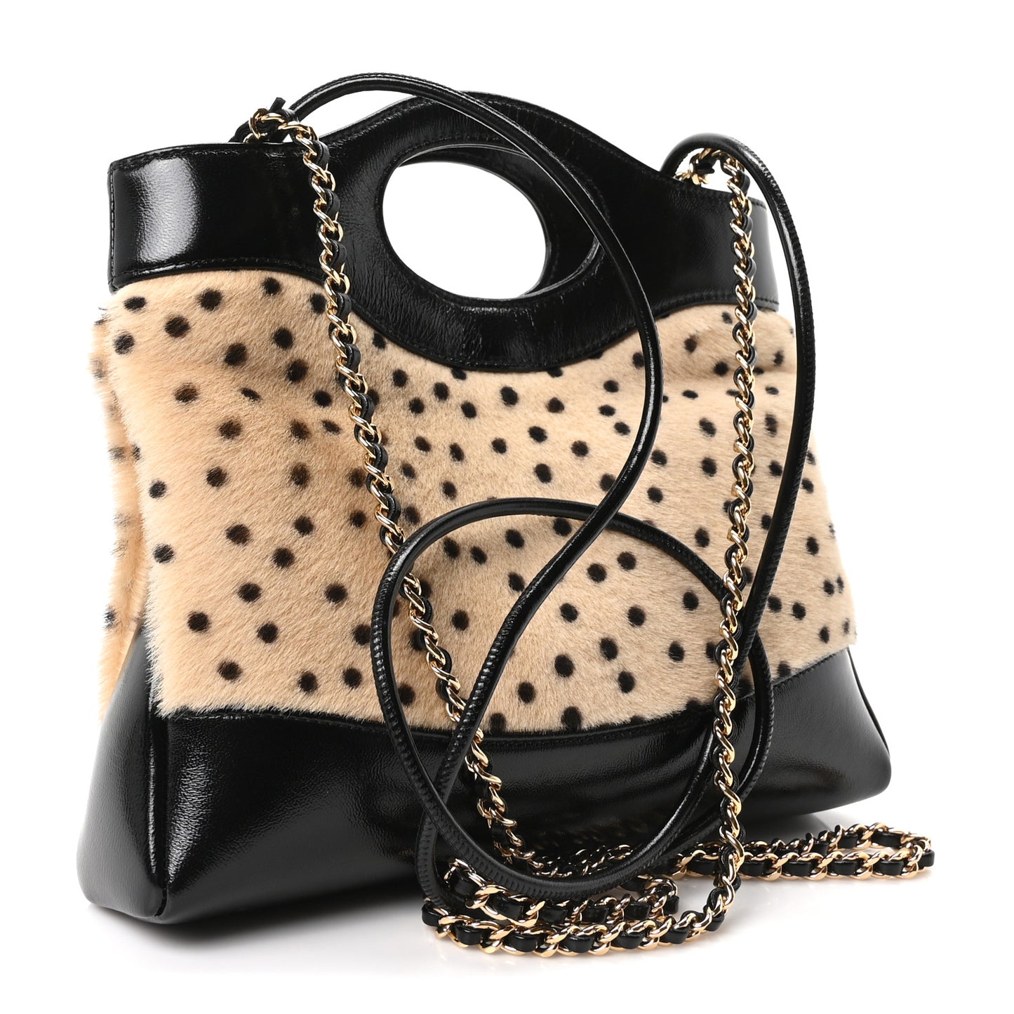 Shiny Lambskin Pony Hair Cheetah Printed Mini 31 Shopping Bag Light Beige Black