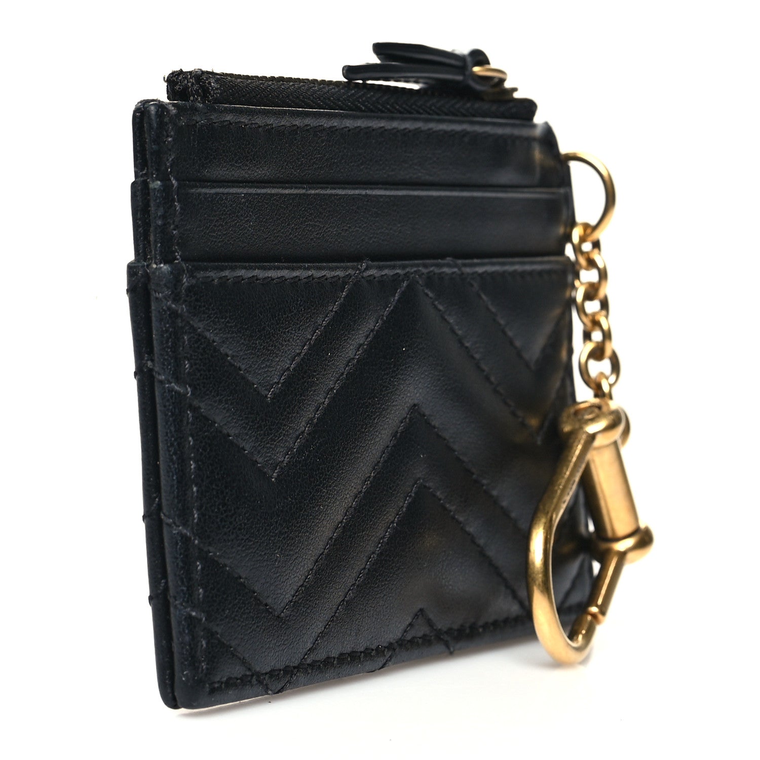 Gucci Calfskin Matelasse Chevron GG Marmont Key Case Card Holder Black 3 of 7