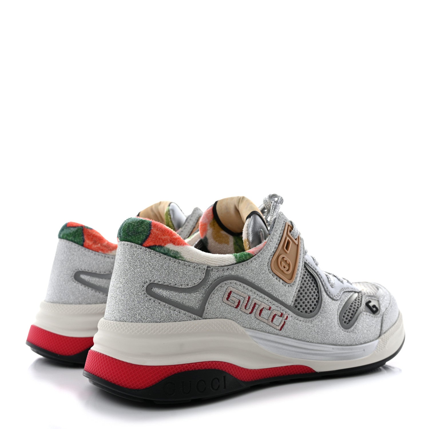 Gucci Metallic Calfskin Glitter Mesh Womens Ultrapace Sneakers 37 Silver Light Grey Mystic White 4 of 9