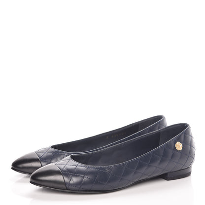 Chanel Aged Calfskin Quilted CC Cap Toe Ballerina Flats 37 Navy 3 of 14