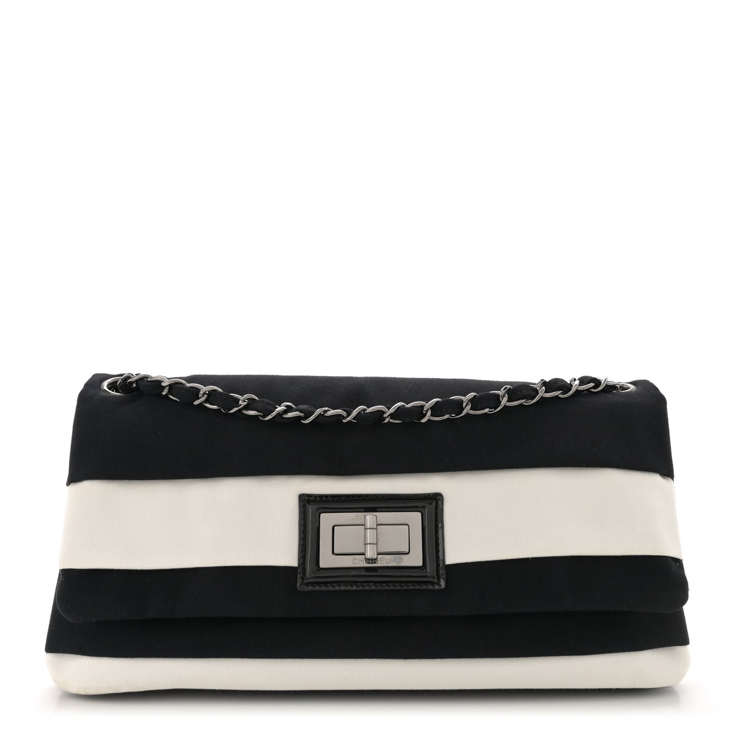 Grosgrain Stripy Mademoiselle Flap Bag Black White