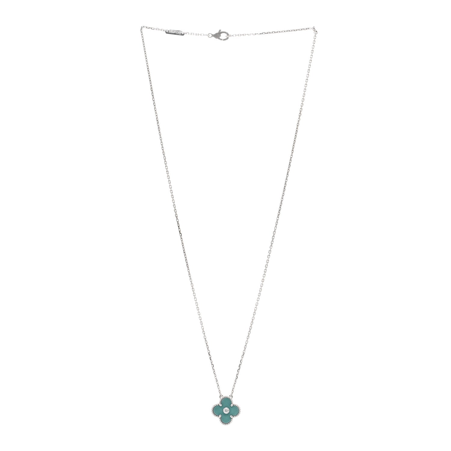 Van Cleef & Arpels 18K White Gold Diamond Celadon Green Sevres Porcelain Vintage Alhambra Pendant Necklace 4 of 6