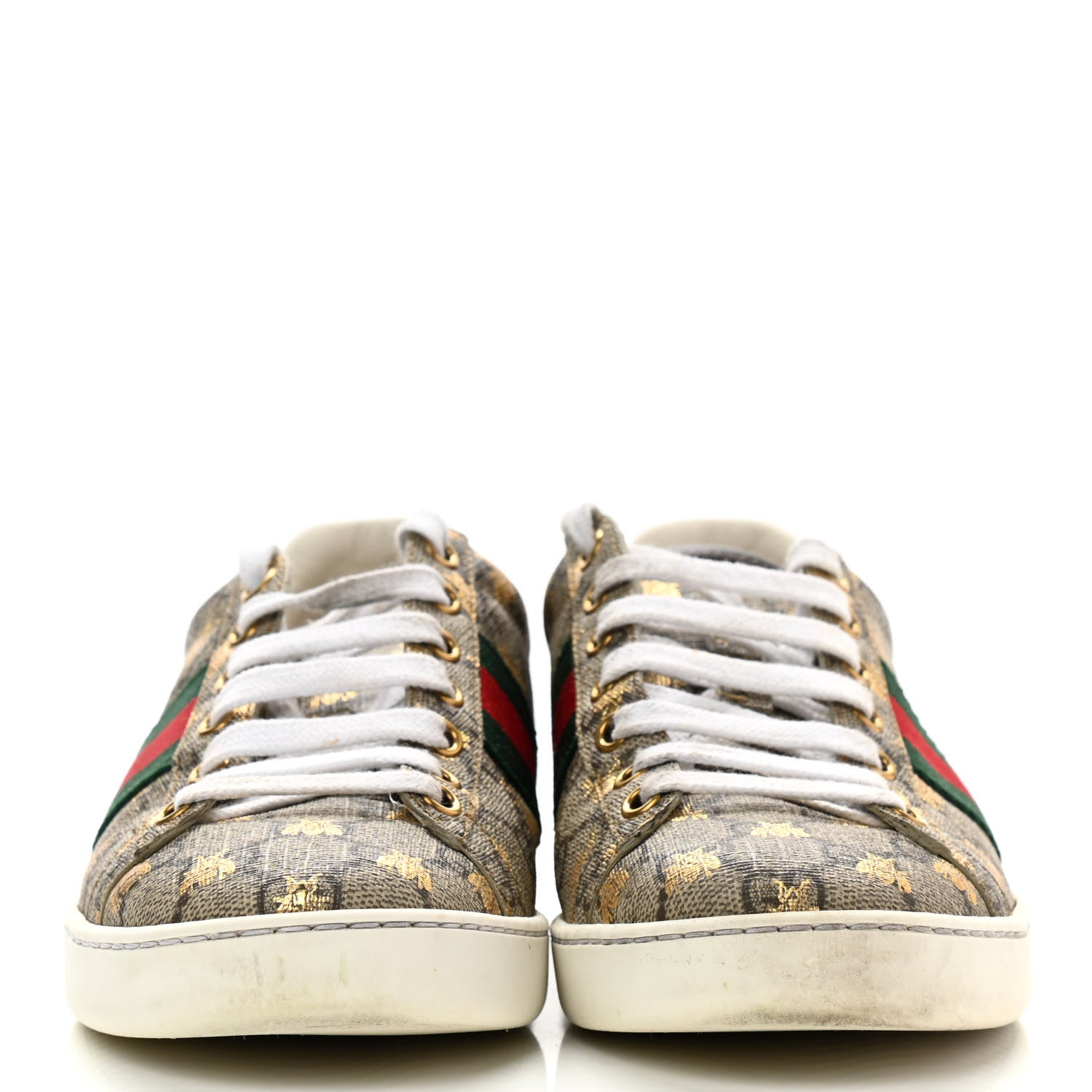 Gucci GG Supreme Monogram Bees Ayers Web Womens Ace Sneakers 35.5 Beige Oro Green Red 2 of 15
