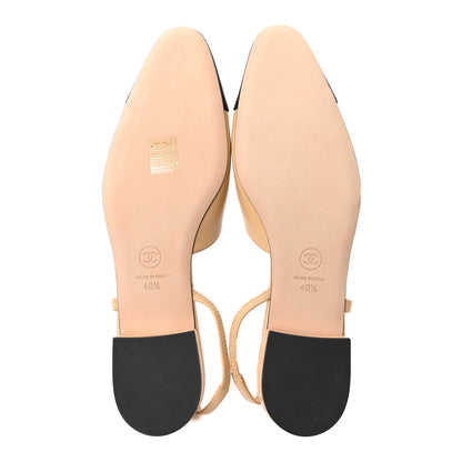 Chanel Goatskin Grosgrain Pointed Toe CC Slingback Flats 40.5 Beige Black 6 of 10