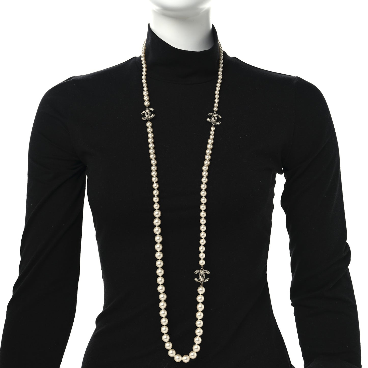 Baguette Crystal Pearl CC Long Necklace Black Gold