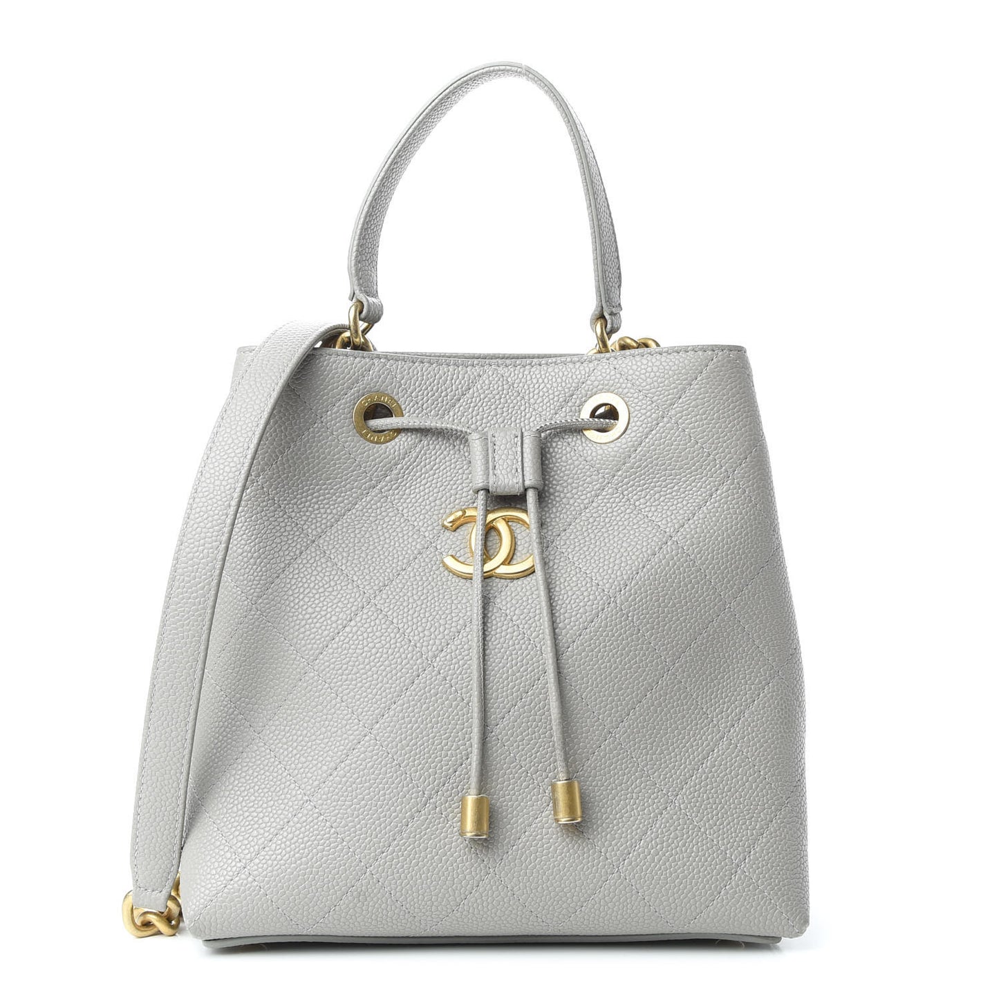 Grained Calfskin Stitched Small Drawstring Bag Grey