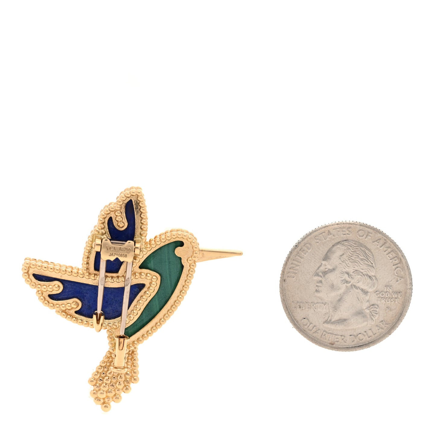 18K Yellow Gold Lapis Lazuli Malachite Humming Bird Brooch Pin