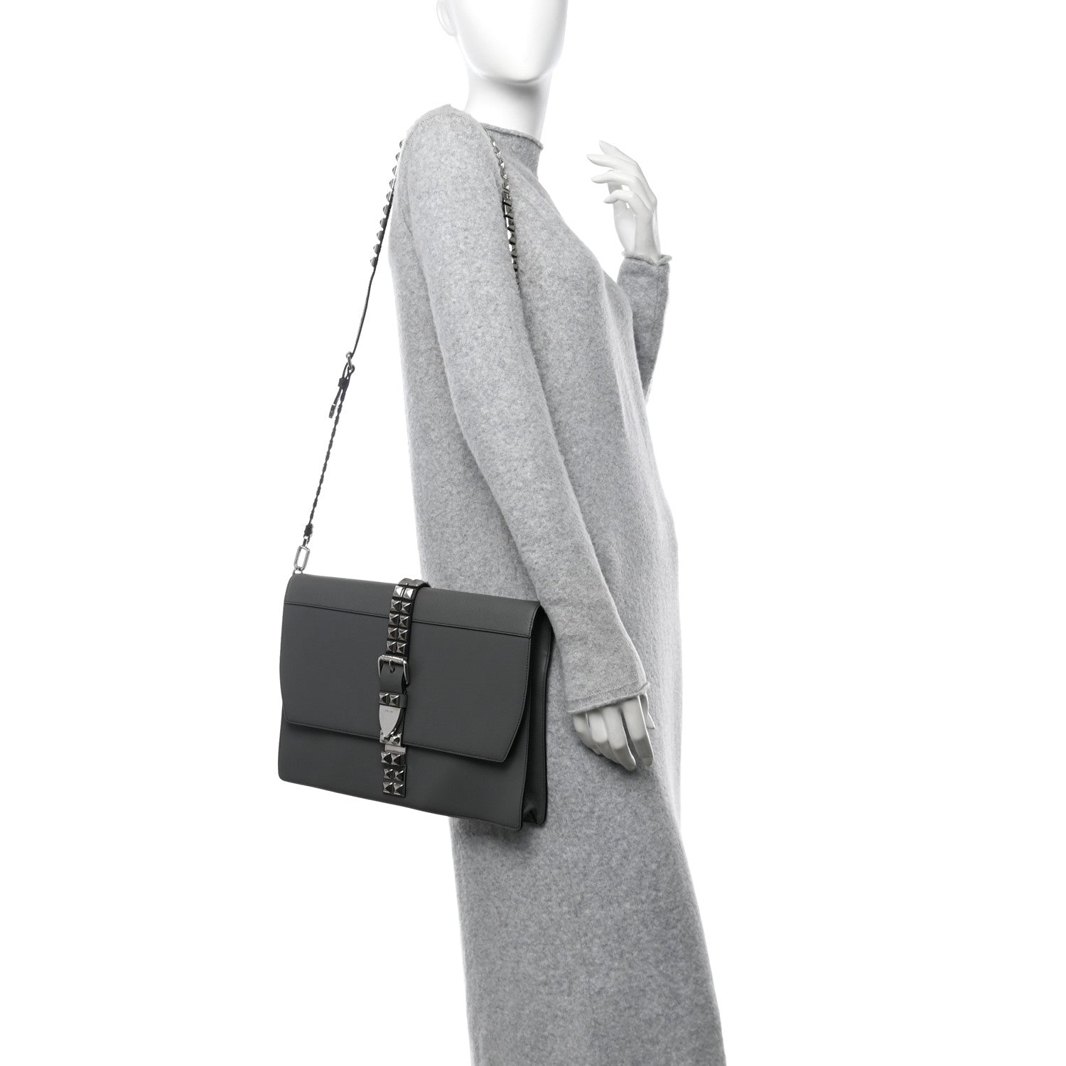 Prada Saffiano City Calfskin Studded Large Elektra Shoulder Bag Mercurio Black 2 of 14