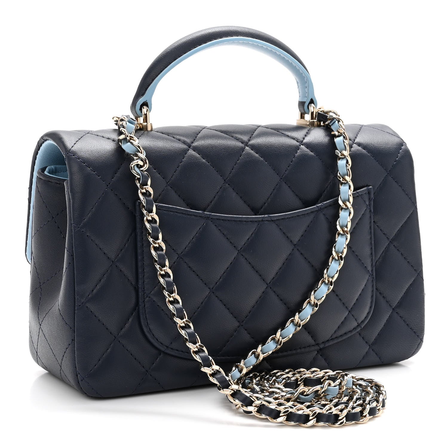 Chanel Lambskin Quilted Bi-Color Mini Top Handle Rectangular Flap Navy Blue Light Blue 3 of 11