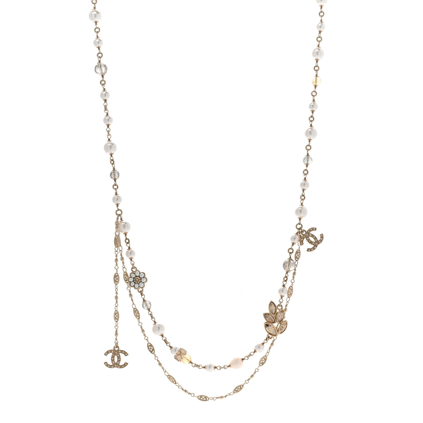 Pearl Bead Crystal CC Necklace Gold White