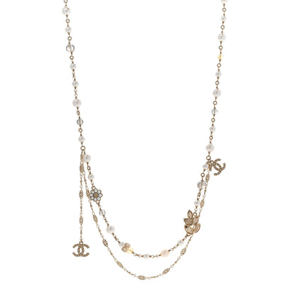Chanel Pearl Bead Crystal CC Necklace Gold White 1 of 7