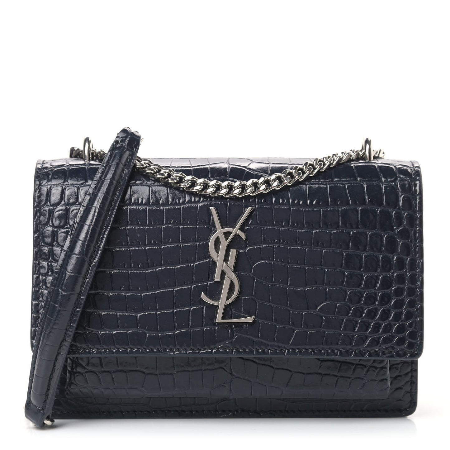 Calfskin Crocodile Embossed Monogram Sunset Chain Wallet Navy