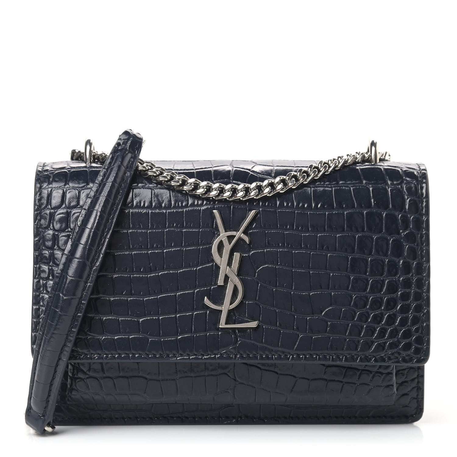 Saint Laurent Calfskin Crocodile Embossed Monogram Sunset Chain Wallet Navy 1 of 13