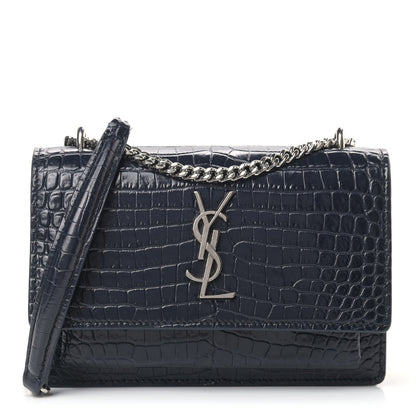 Saint Laurent Calfskin Crocodile Embossed Monogram Sunset Chain Wallet Navy 1 of 13
