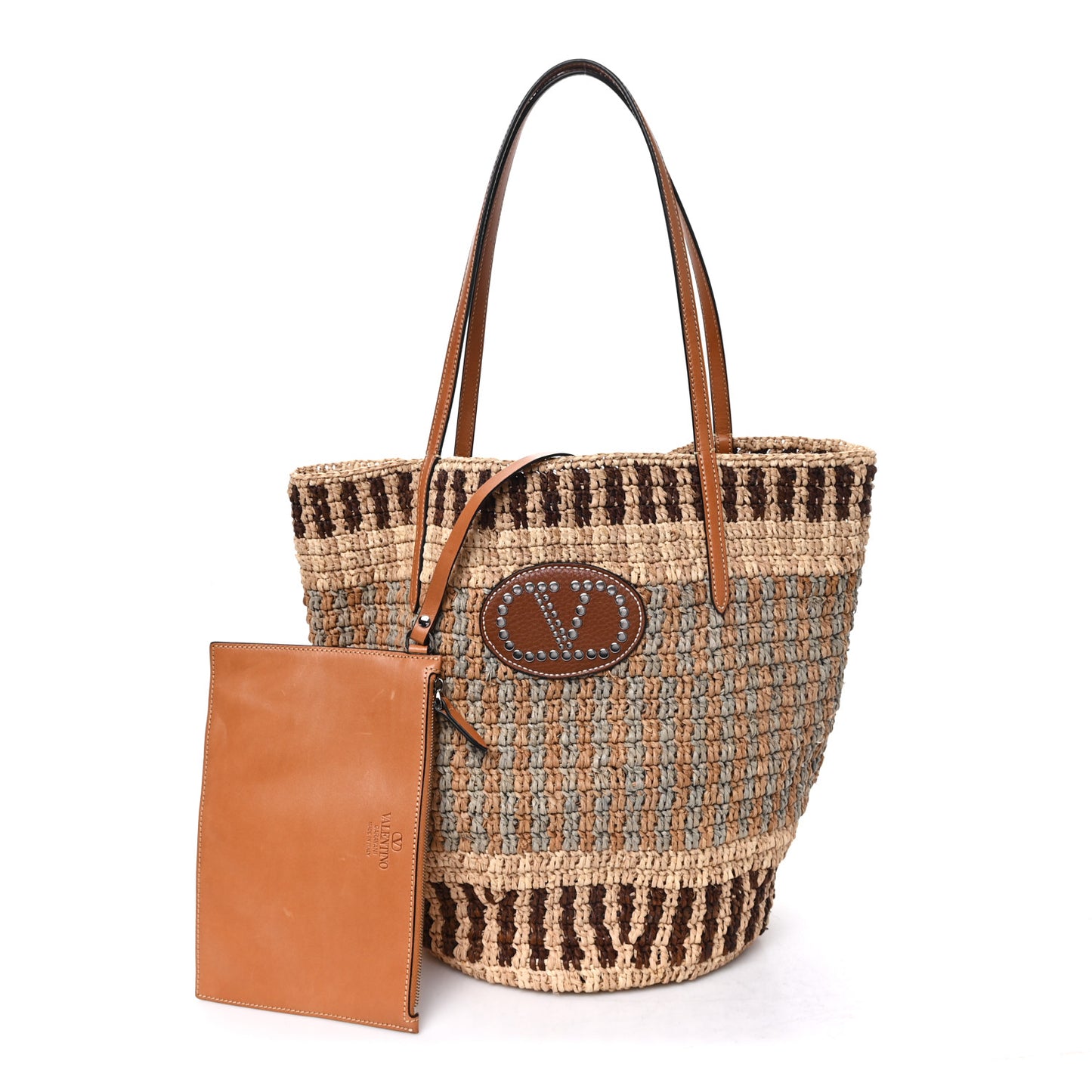 Raffia Nappa Medium Vlogo Signature Crochet Bucket Bag Beige Multicolor