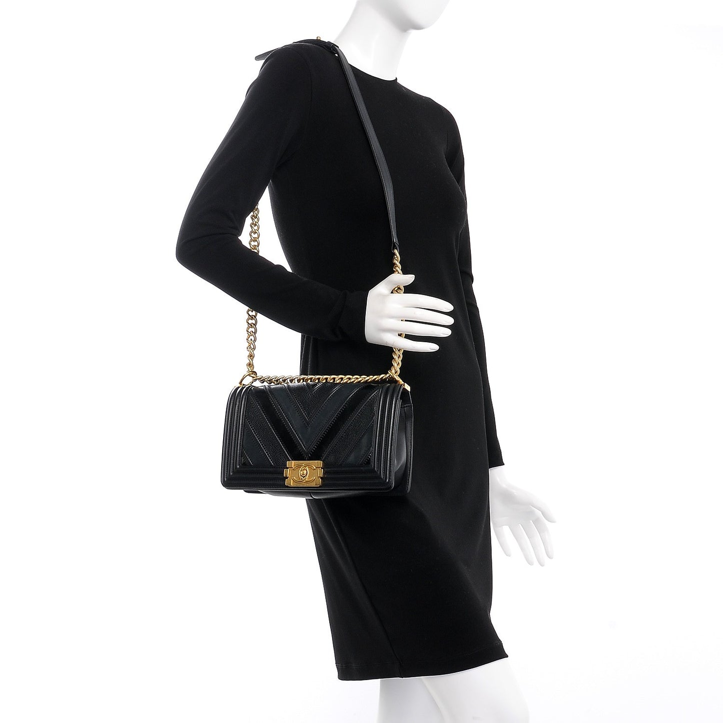 Caviar Suede Calfskin Chevron Medium Boy Flap Black