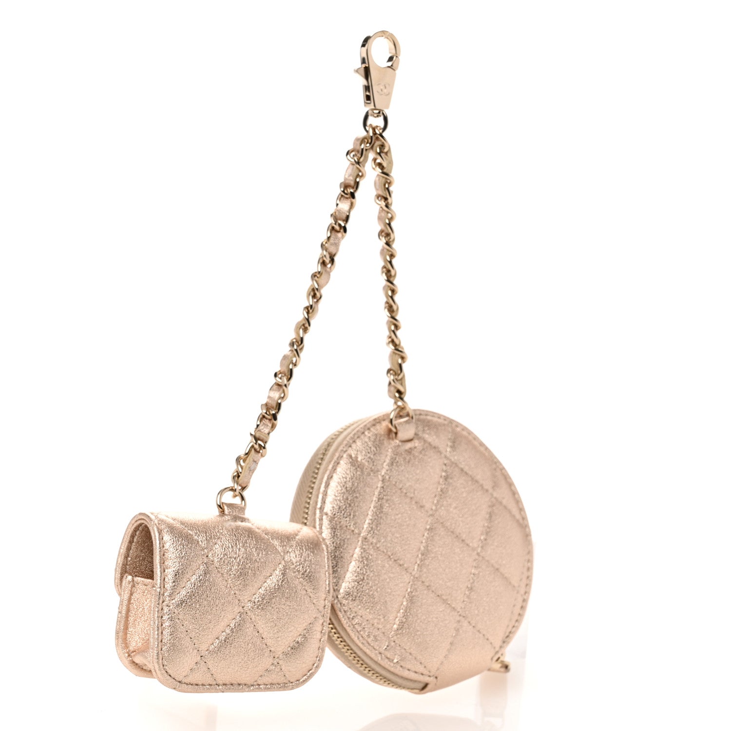 Chanel Metallic Lambskin Quilted Round Clip On Coin Purse Airpods Case Gold 2 of 11