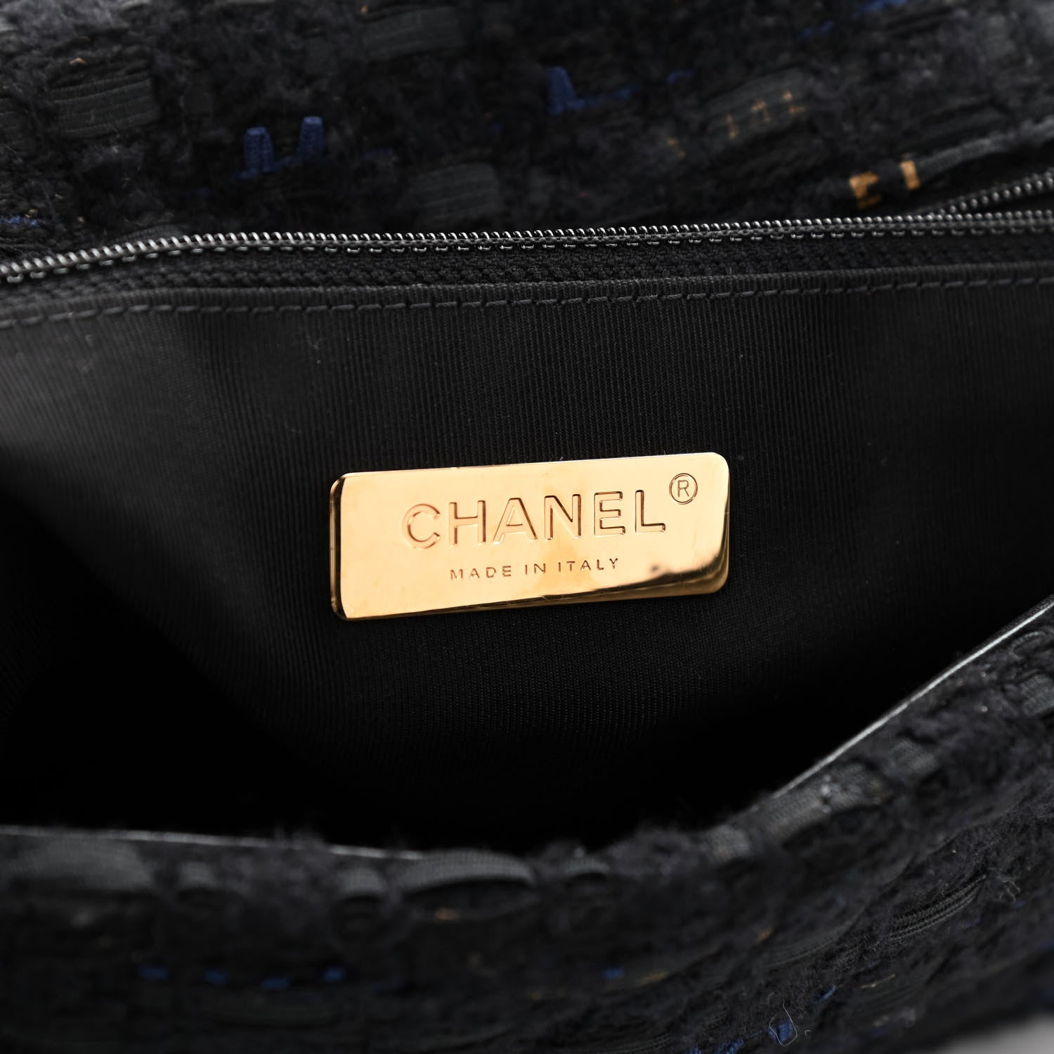 Chanel Tweed Quilted Large Chanel 19 Flap Black Navy Gold 6 of 9