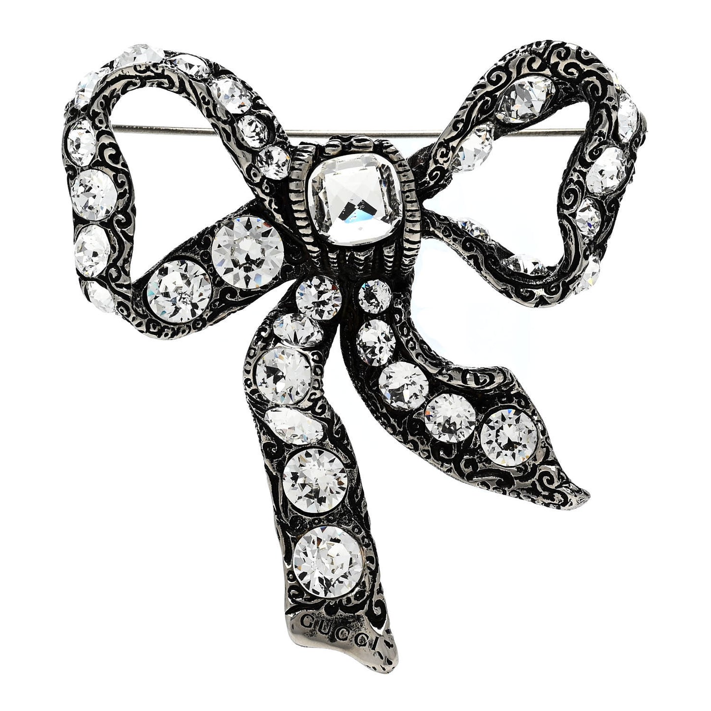 Metal Crystal Bow Brooch Silver