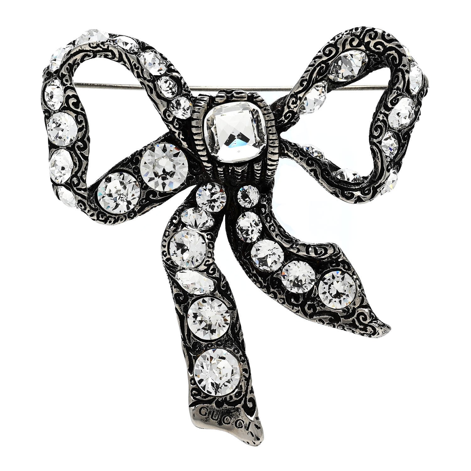 Gucci Metal Crystal Bow Brooch Silver 1 of 3