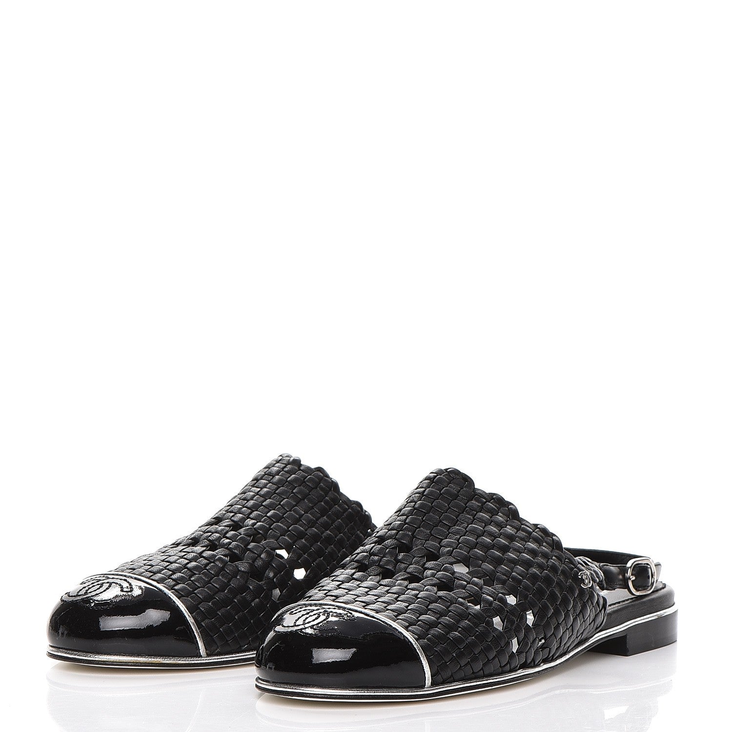 Chanel Braided Lambskin Patent Cap Toe CC Slingback Sandals 36.5 Black 2 of 11