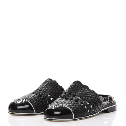 Chanel Braided Lambskin Patent Cap Toe CC Slingback Sandals 36.5 Black 2 of 11