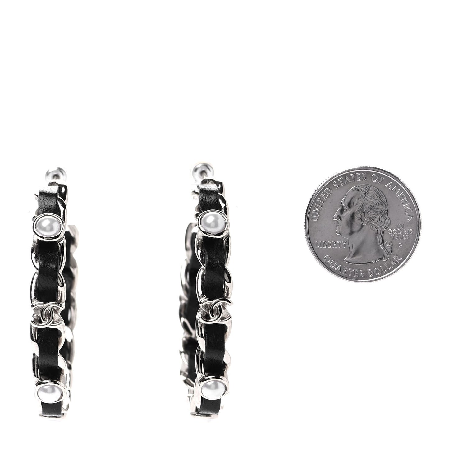 Lambskin Pearl CC Chain Hoop Earrings Gold Black