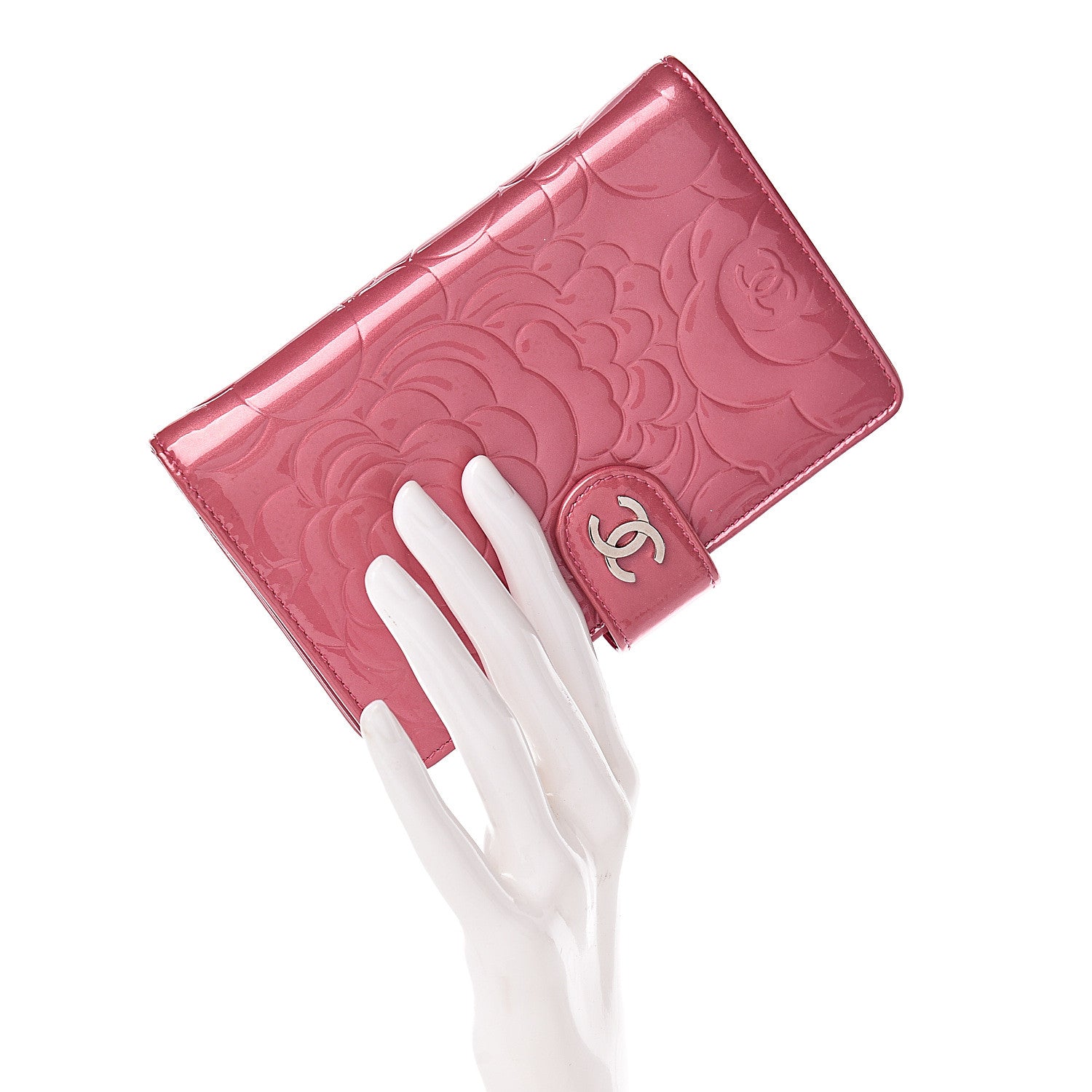 Chanel Patent Camellia Embossed Zipped Pocket Wallet Pink 2 of 9