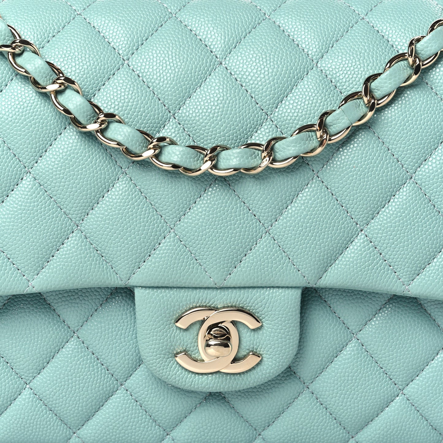 Caviar Quilted Medium Double Flap Light Blue