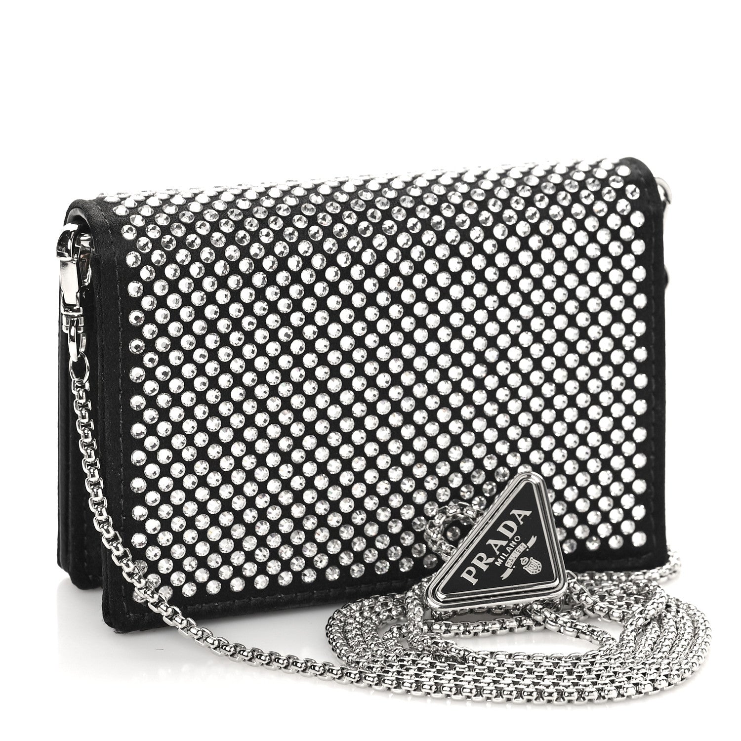 Prada Satin Crystal Metal Triangle Logo Card Holder With Strap Cristal 3 of 9