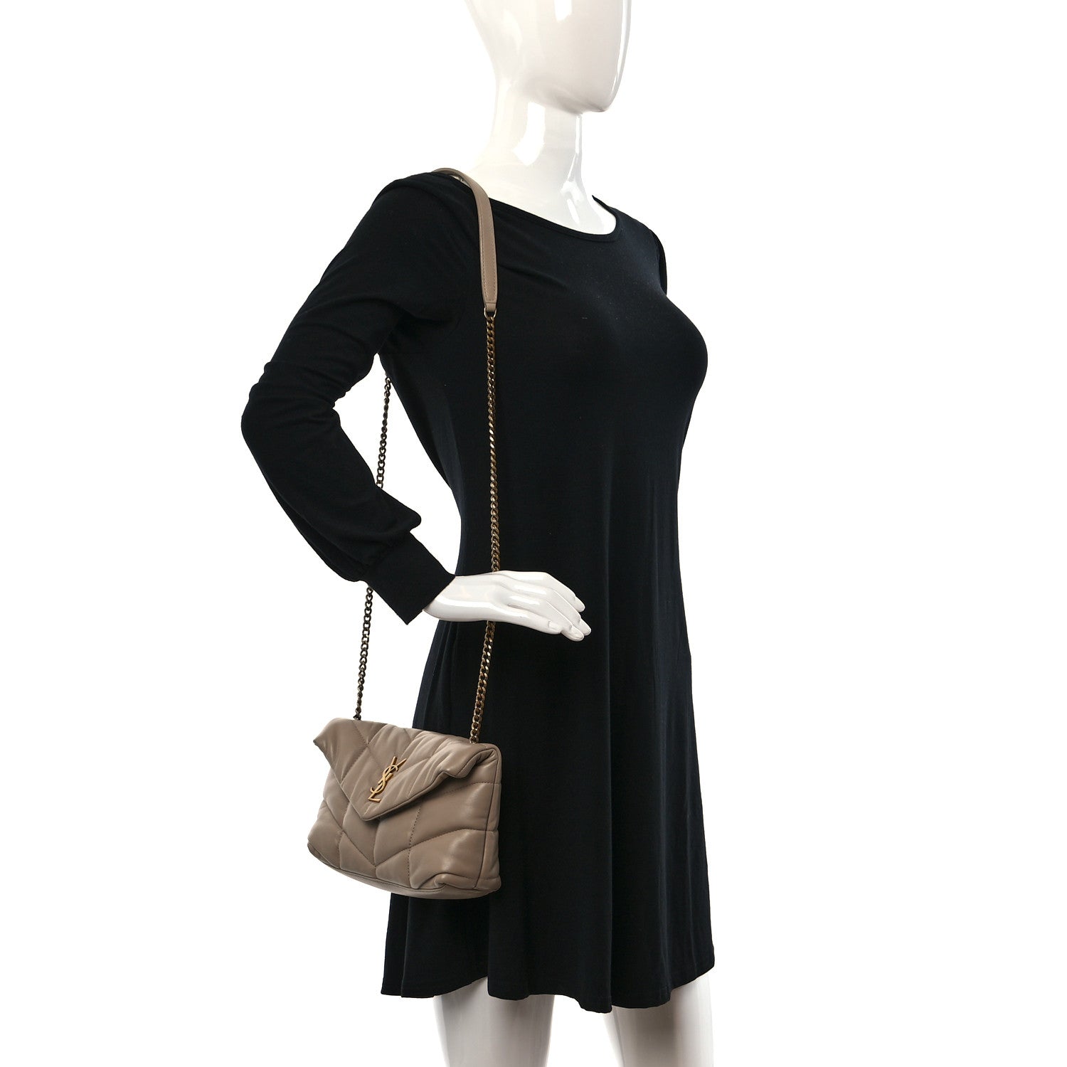 Saint Laurent Lambskin Quilted Toy Loulou Puffer Monogram Chain Satchel Dark Beige 2 of 13