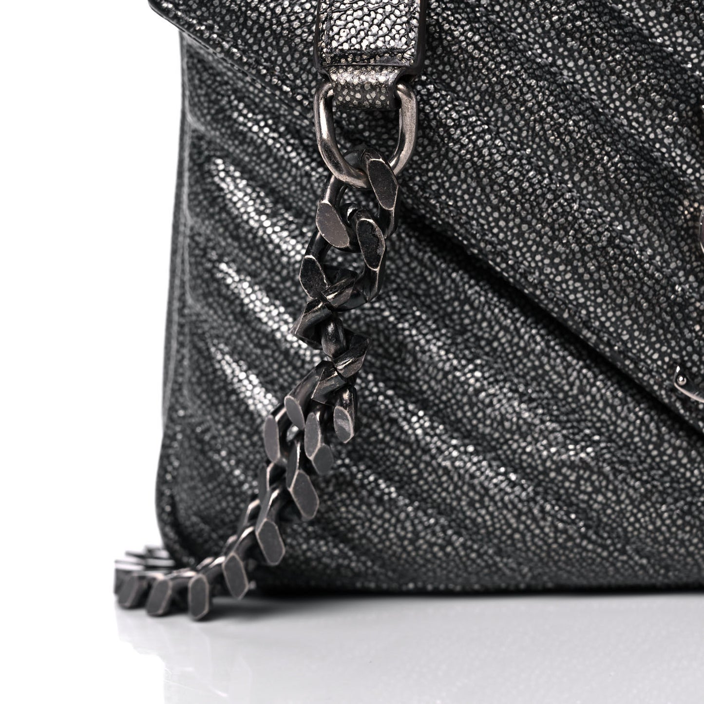 Metallic Grain De Poudre Matelasse Chevron Monogram Medium College Bag Gunmetal
