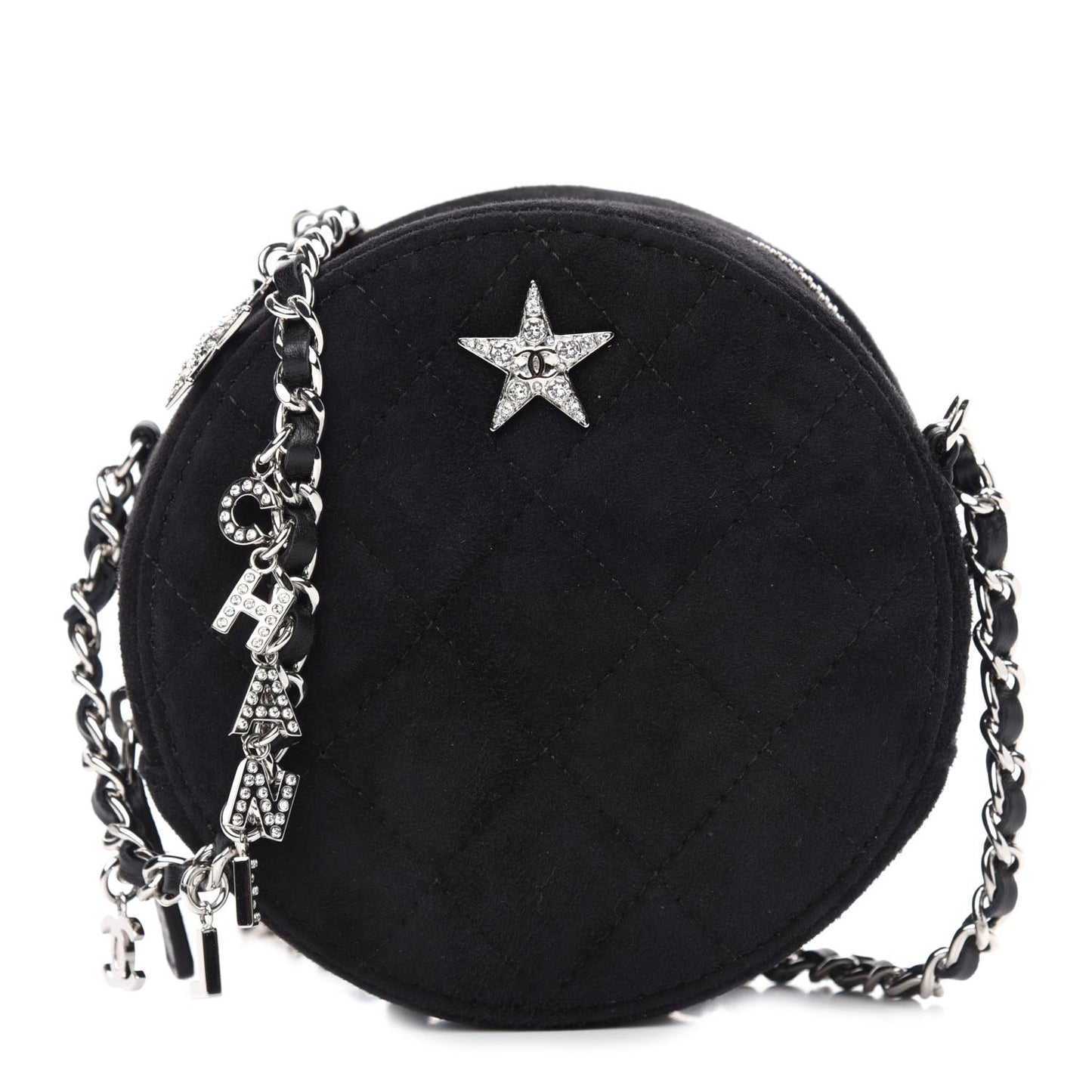 Suede Quilted Crystal Round Clutch With Logo Chain Black