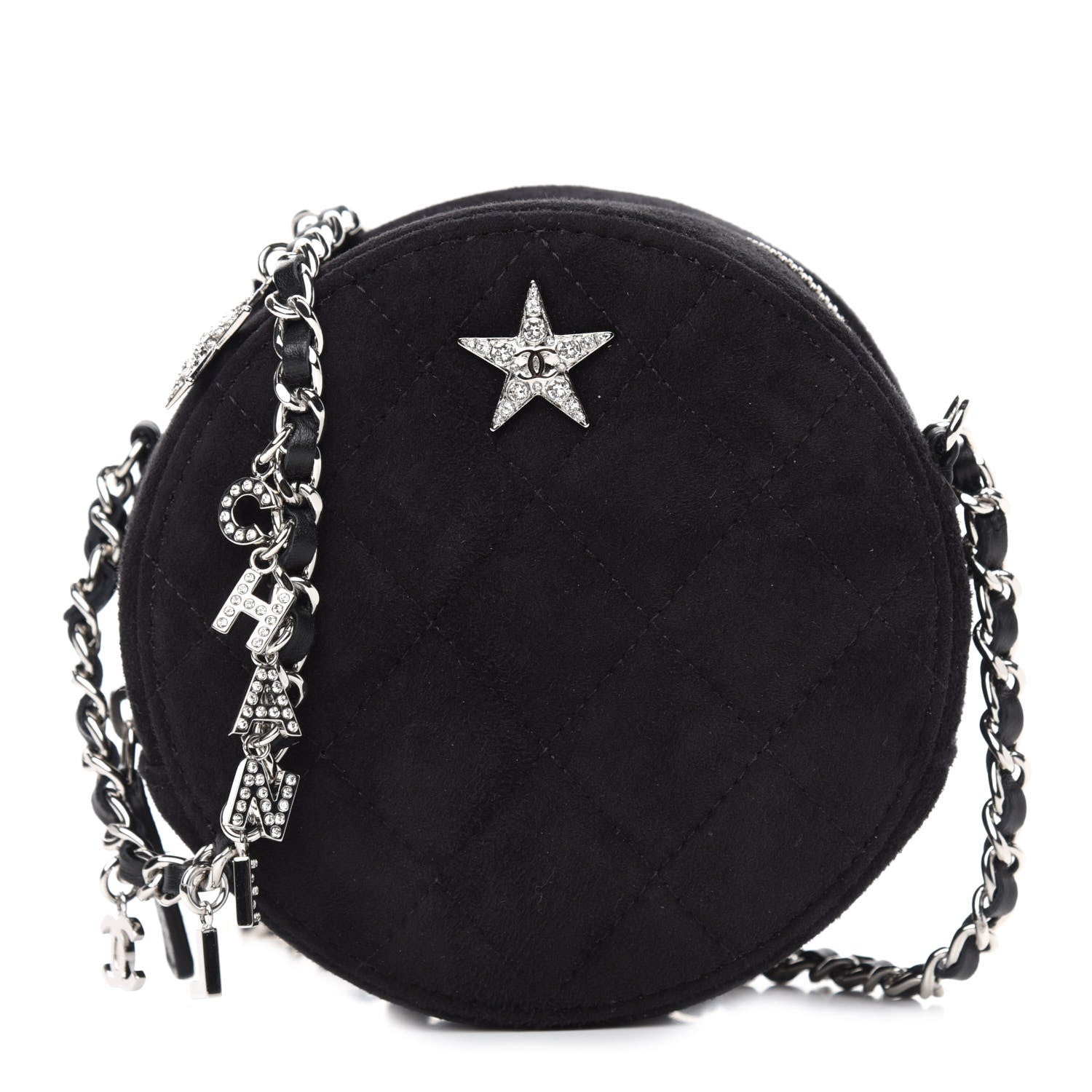 Chanel Suede Quilted Crystal Round Clutch With Logo Chain Black 1 of 11