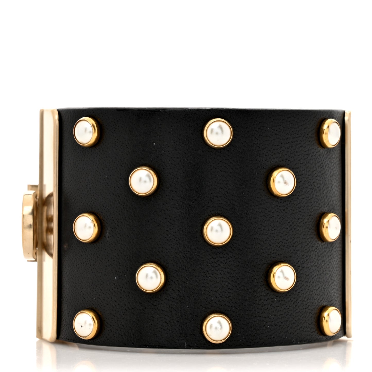 Lambskin Calfskin Pearl CC Cuff Bracelet Black Gold