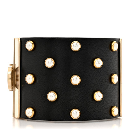 Chanel Lambskin Calfskin Pearl CC Cuff Bracelet Black Gold 3 of 5