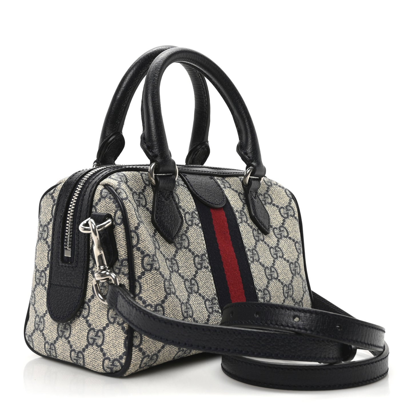 GG Supreme Monogram Textured Dollar Calfskin Web Mini Ophidia Top Handle Bag Beige Blue