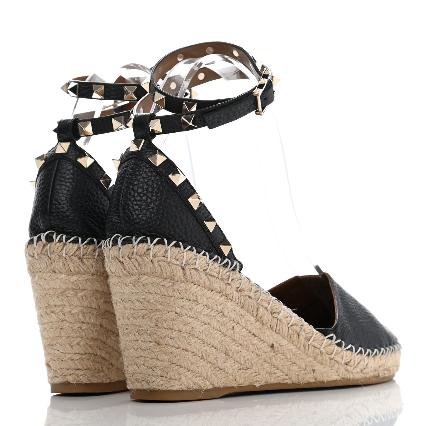 Grained Calfskin Rockstud Ankle Wrap Espadrille 15/85mm Wedges 39 Black Light Cuir