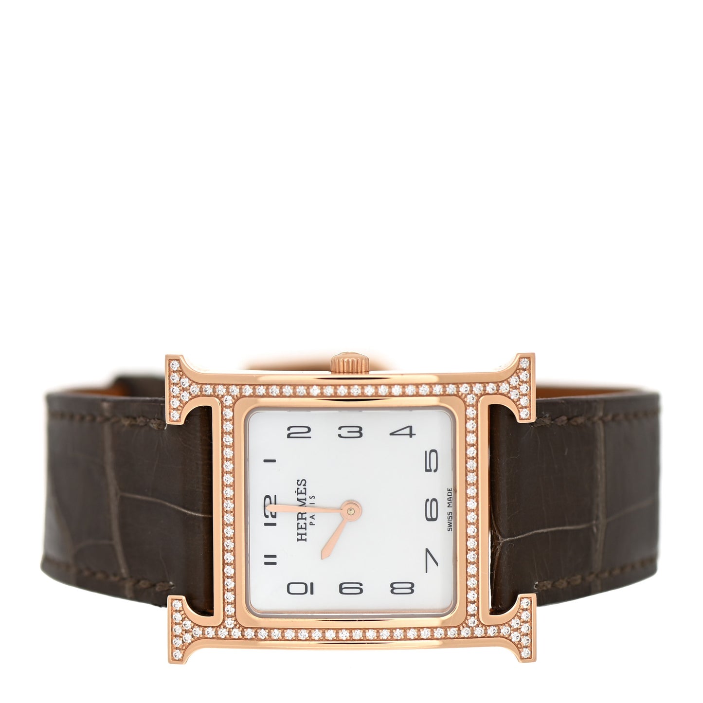 18K Rose Gold Alligator Diamond Bezel Mother of Pearl 26mm Heure H Hour Quartz Watch Gris Elephant