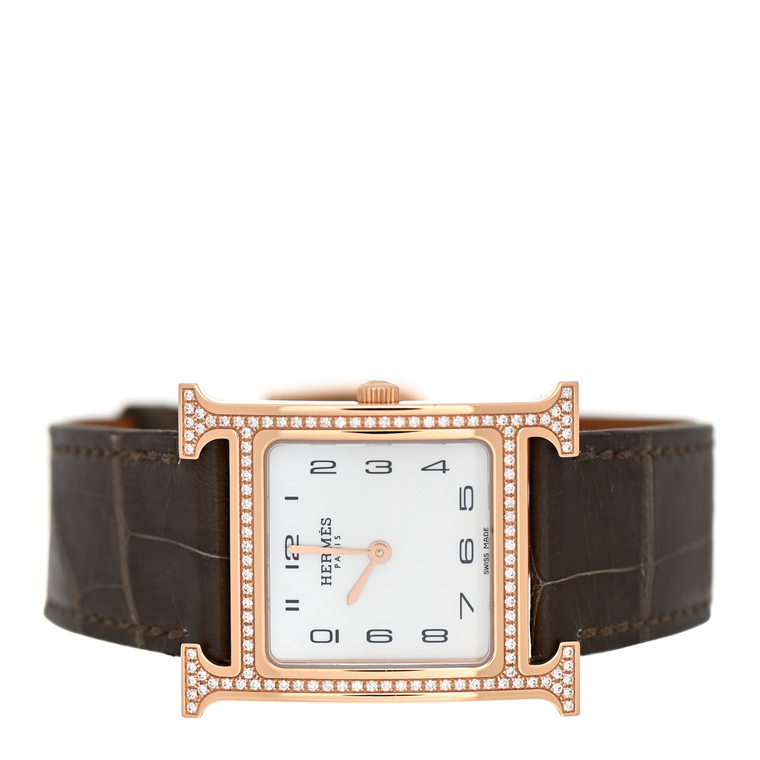Hermes 18K Rose Gold Alligator Diamond Bezel Mother of Pearl 26mm Heure H Hour Quartz Watch Gris Elephant 2 of 5