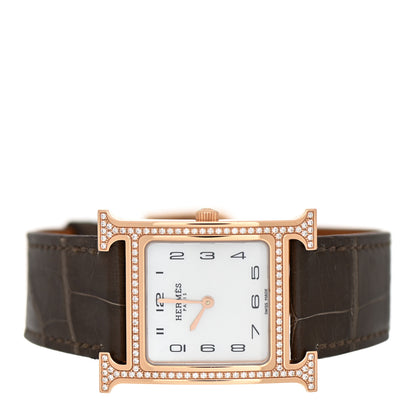 Hermes 18K Rose Gold Alligator Diamond Bezel Mother of Pearl 26mm Heure H Hour Quartz Watch Gris Elephant 2 of 5