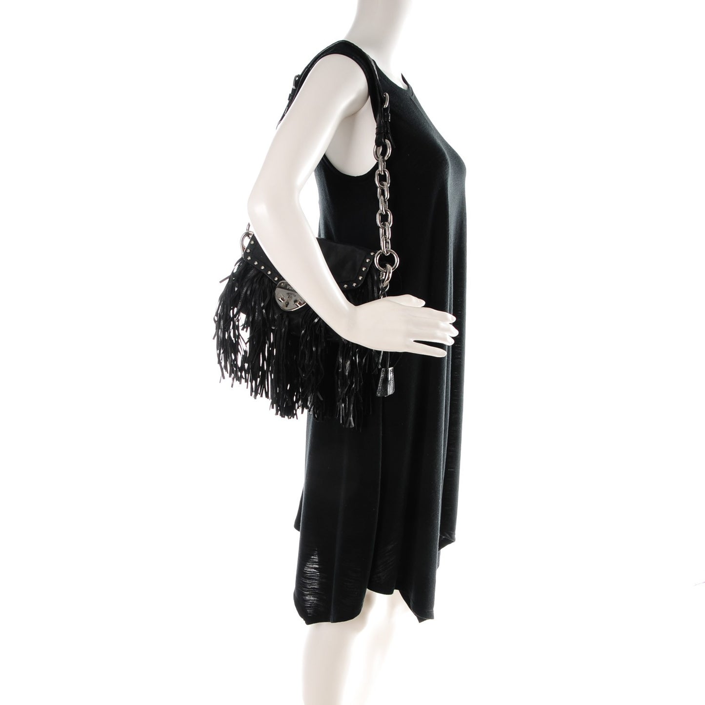 Glace Calf Fringe Studded Flap Hobo Nero Black
