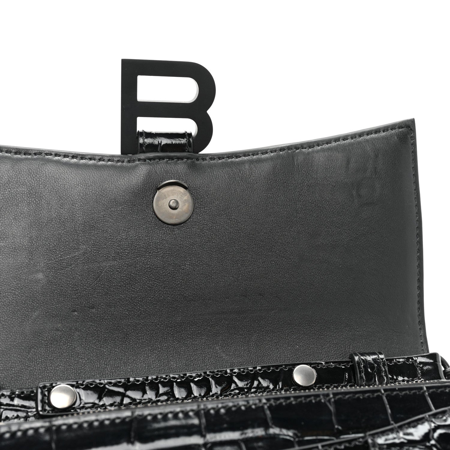 Balenciaga Shiny Calfskin Monochrome Crocodile Embossed Small Hourglass Evening Chain Bag Black 10 of 10