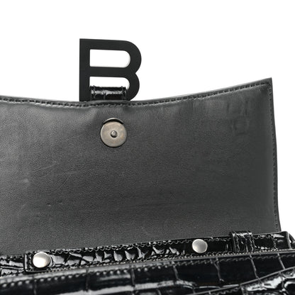 Balenciaga Shiny Calfskin Monochrome Crocodile Embossed Small Hourglass Evening Chain Bag Black 10 of 10