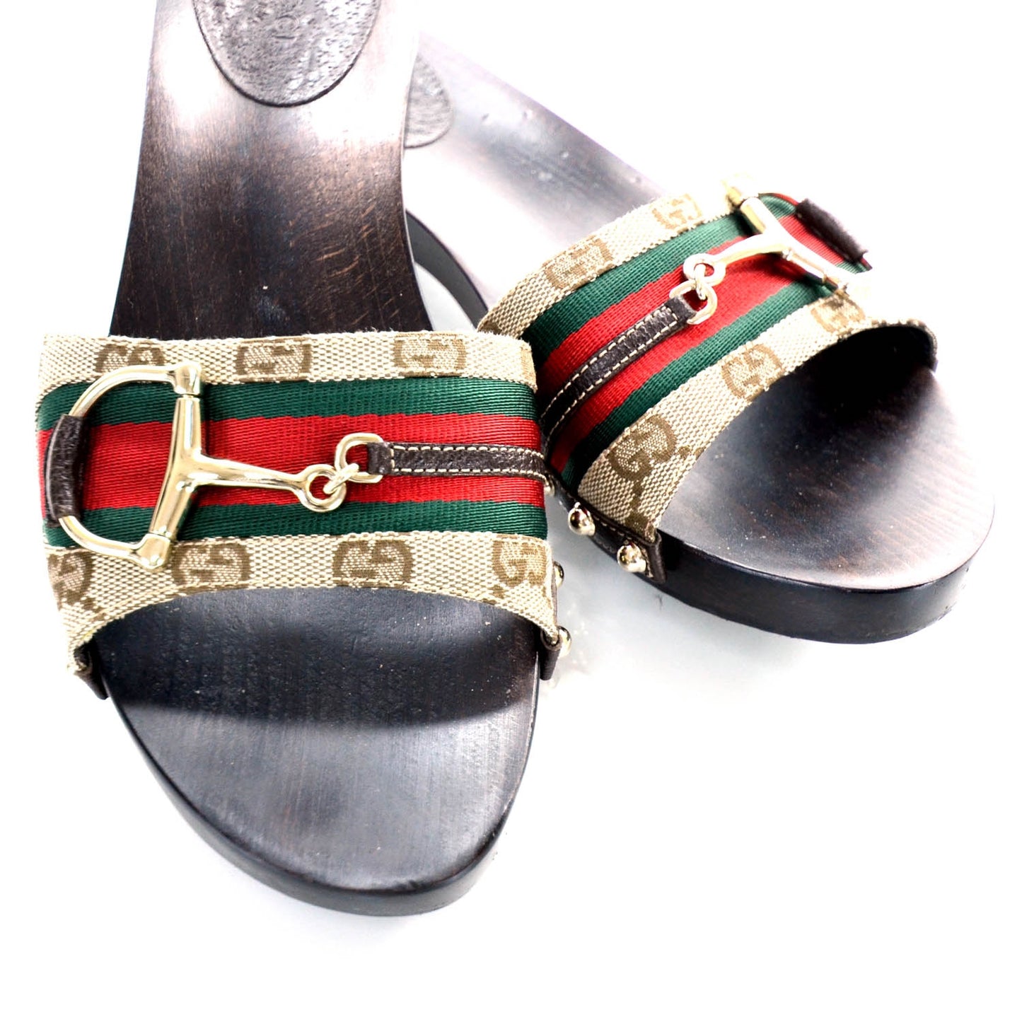 Monogram Natural Pigskin Web Horsebit Clog Slide Sandals 9.5 Beige Ebony Cocoa