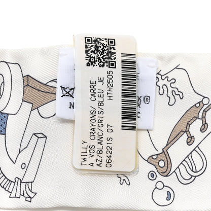 Hermes Silk A Vos Crayons Twilly White Gris Bleu Jean 3 of 6