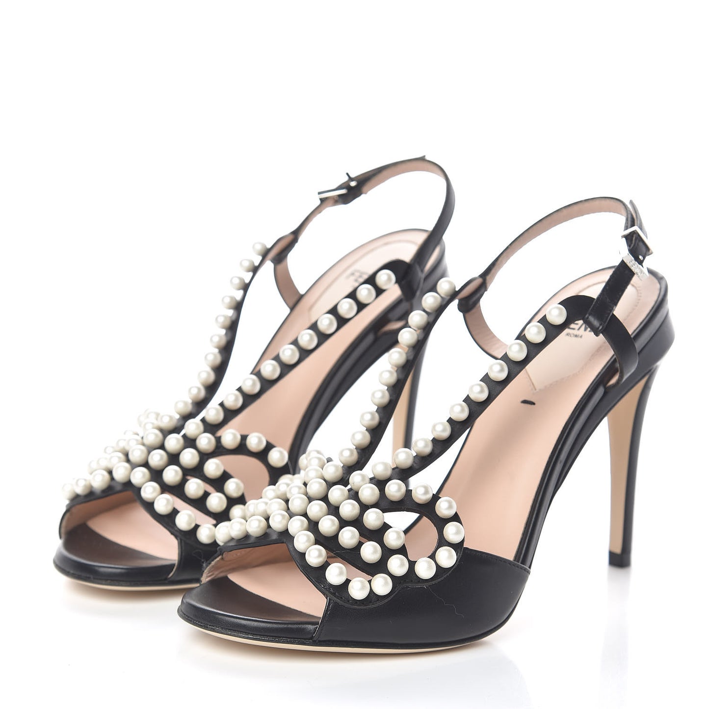 Calfskin Faux Pearl Embellished Bow Ankle Strap Heel 37 Black