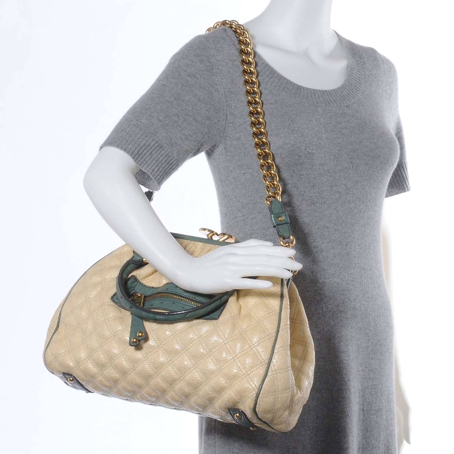 Marc Jacobs Quilted Leather Ostrich Trim Stam Tote Beige 2 of 7