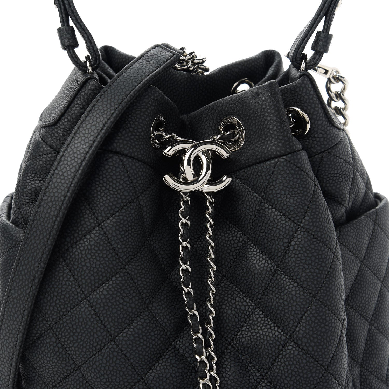 Chanel Caviar Flat Quilted CC Chain Bucket Drawstring Bag Black 10 of 11
